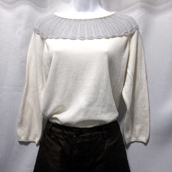 ROMANTIC Vintage Inspired Ivory SWEATER w Silver Metallic Mesh Collar Pearl L - Picture 2 of 10